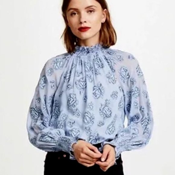 Rebecca Taylor Metallic Rose Patterned Silk Smocked Top in Blue, 4 - Picture 3 of 13